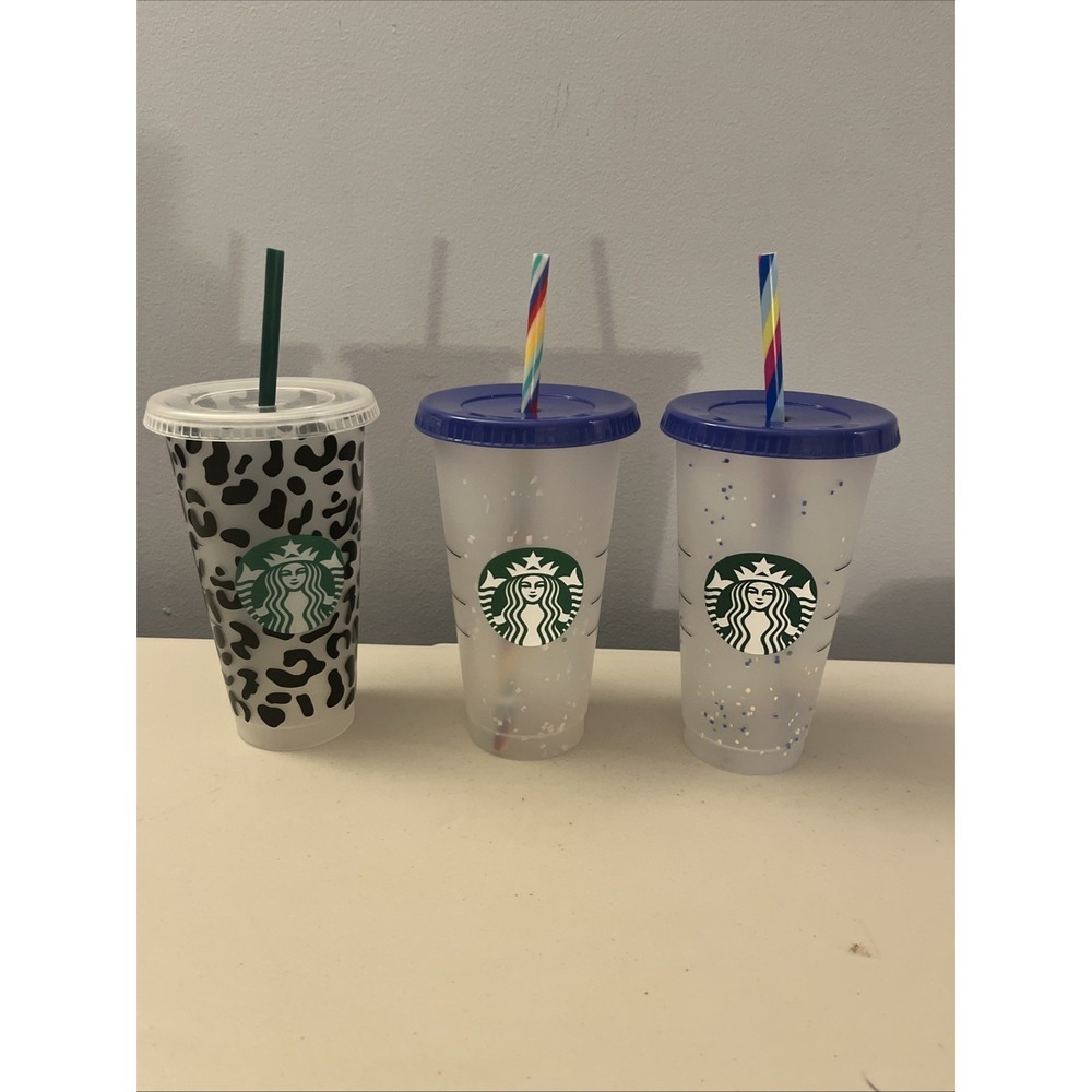 3 Starbucks Swirl/Flecks Plastic Cold Cups With Straws Coffee Mermaid Siren